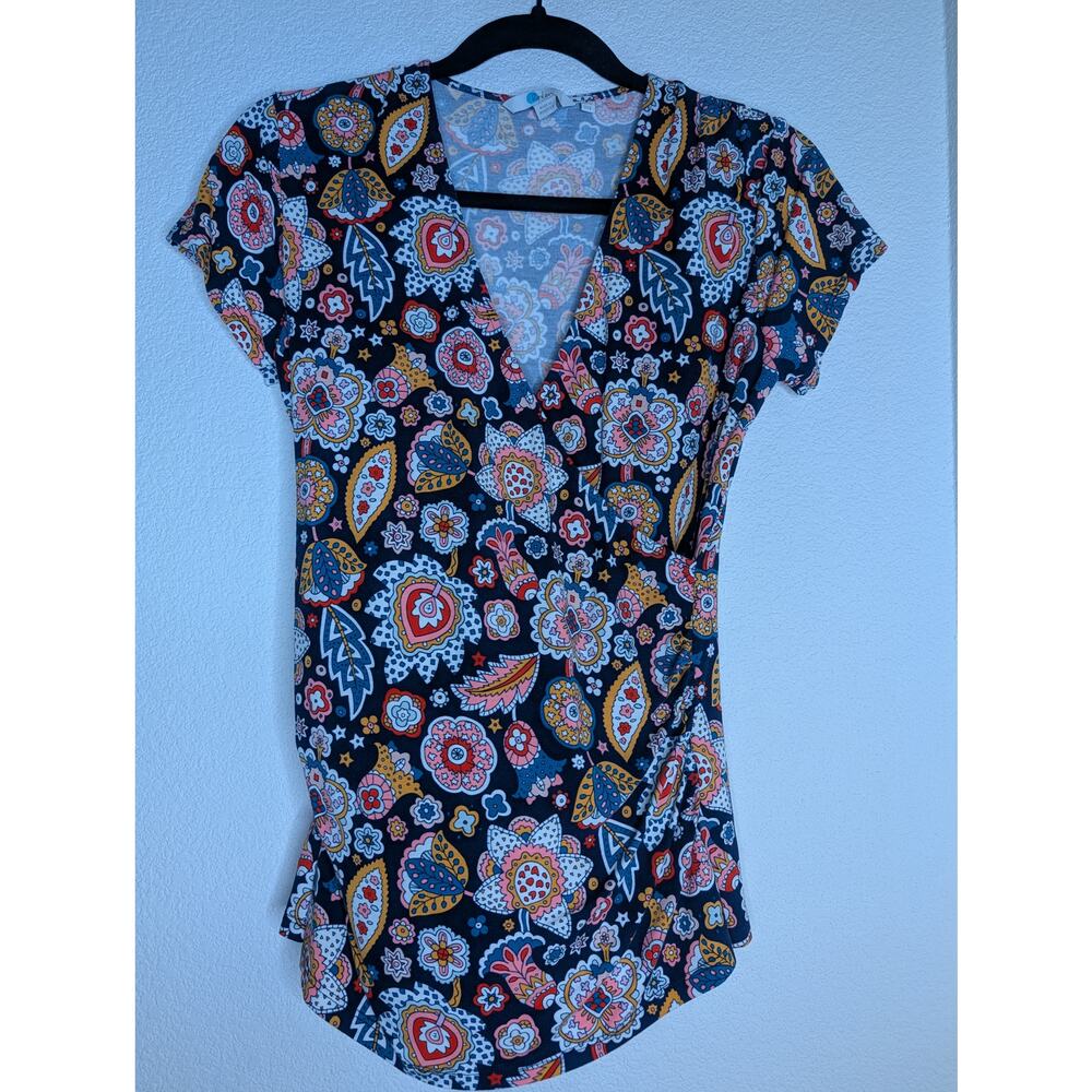 Boden Floral Paisley Faux Wrap Shirt V Neck Soft Stretch US8